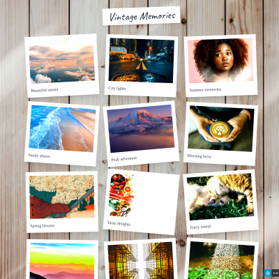 A photo gallery that displays images as scattered Polaroid photos on a desk